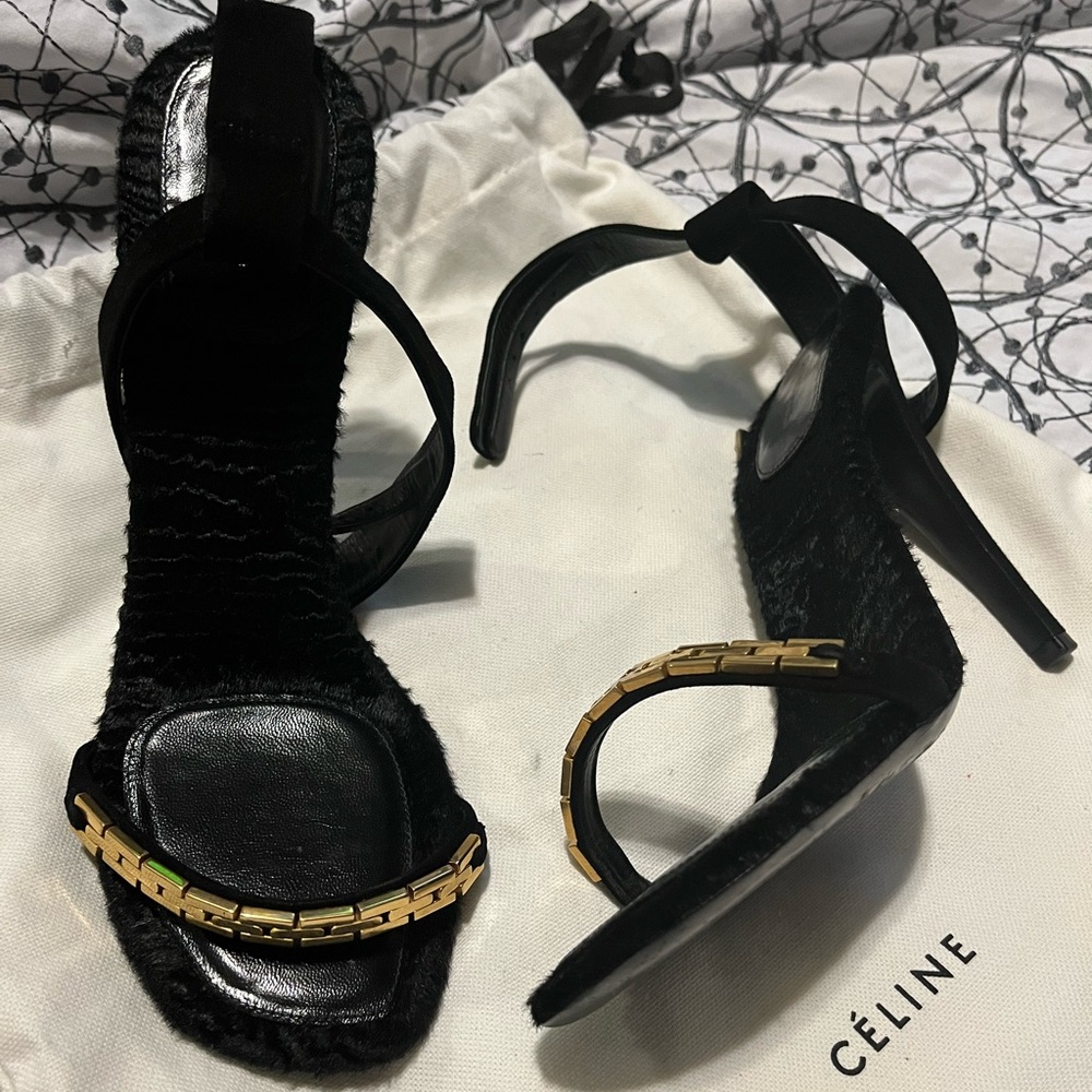 Black Céline Sandal Heel with Gold Detail